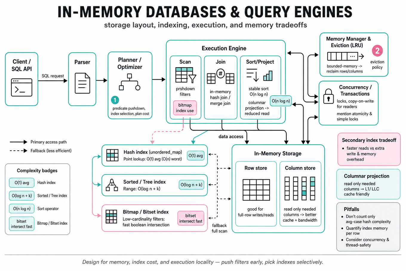 Clean boxes-and-arrows architecture infographic showing an in-memory DB/query engine: client -> SQL API -> parser -> planner -> execution engine -> row vs column stores, hash/tree/bitmap indexes, LRU memory manager and concurrency, with complexity callouts.