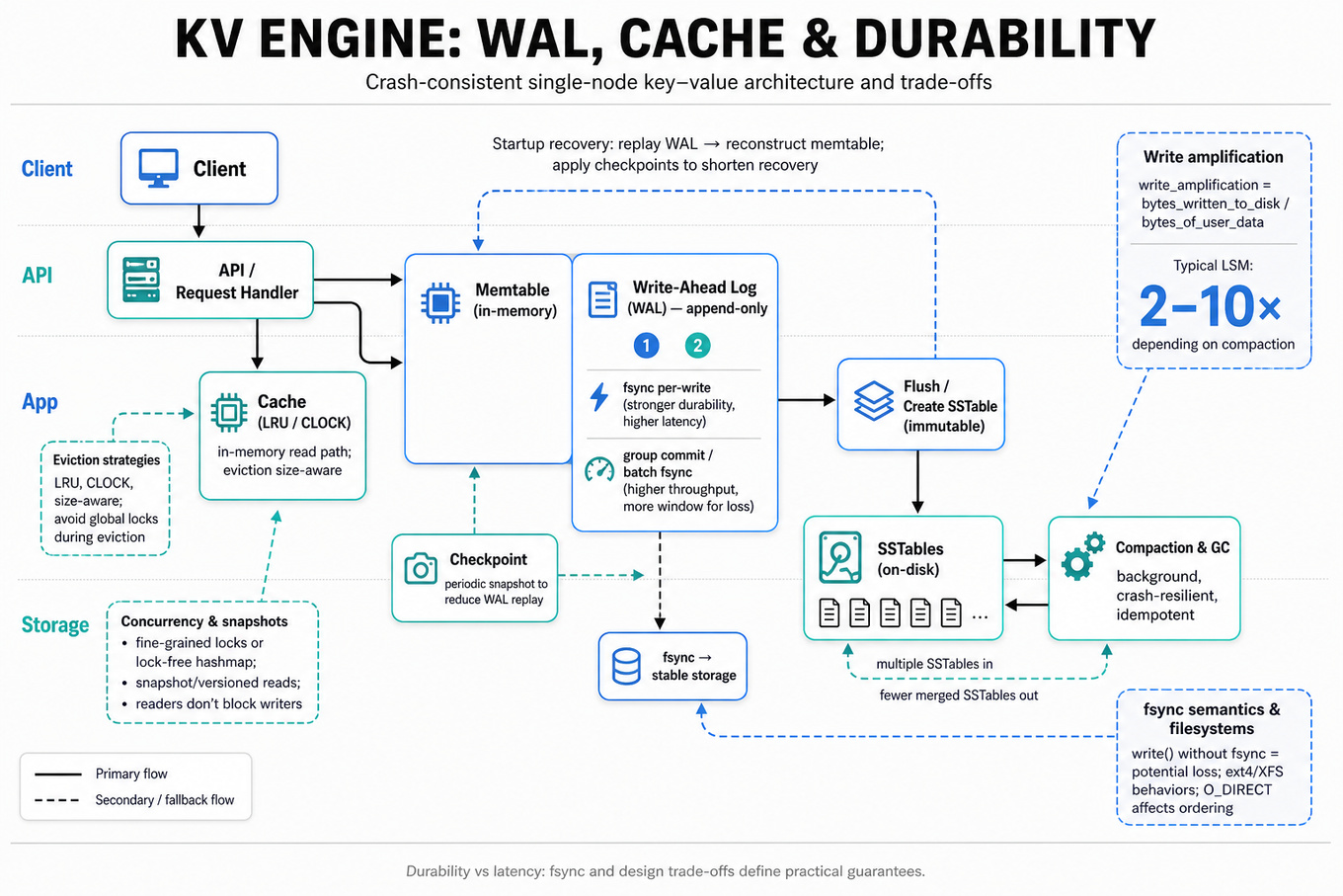 Editorial architecture diagram: client → API → cache → memtable + WAL → flush → SSTables → compaction, with side callout cards for fsync semantics, write amplification formula, recovery/checkpoint, eviction and concurrency tips.