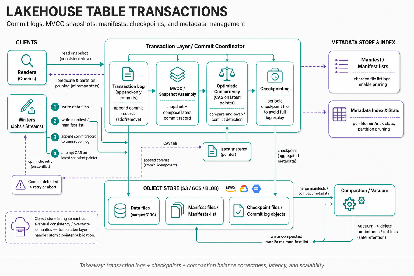 Editorial architecture infographic of a lakehouse transaction layer: clients (readers/writers), transaction log, MVCC snapshots, manifest lists, checkpointing, compaction/vacuum, metadata pruning, and object store (S3/GCS) with arrows showing commit/CAS flow.