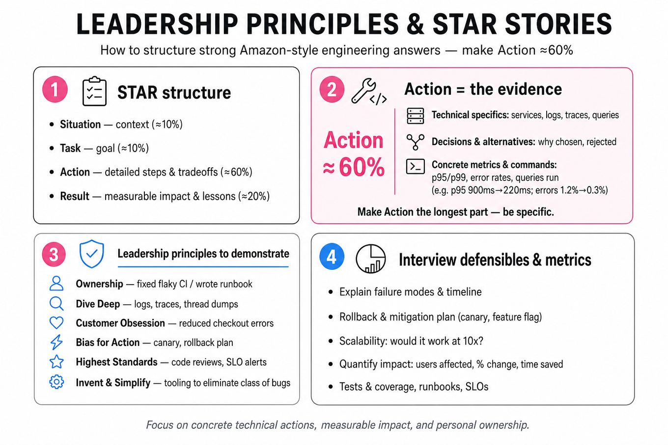 2x2 infographic matrix showing STAR structure, Action-focused guidance (highlighted), Leadership Principles, and interview defensibles; title band and footer takeaway.