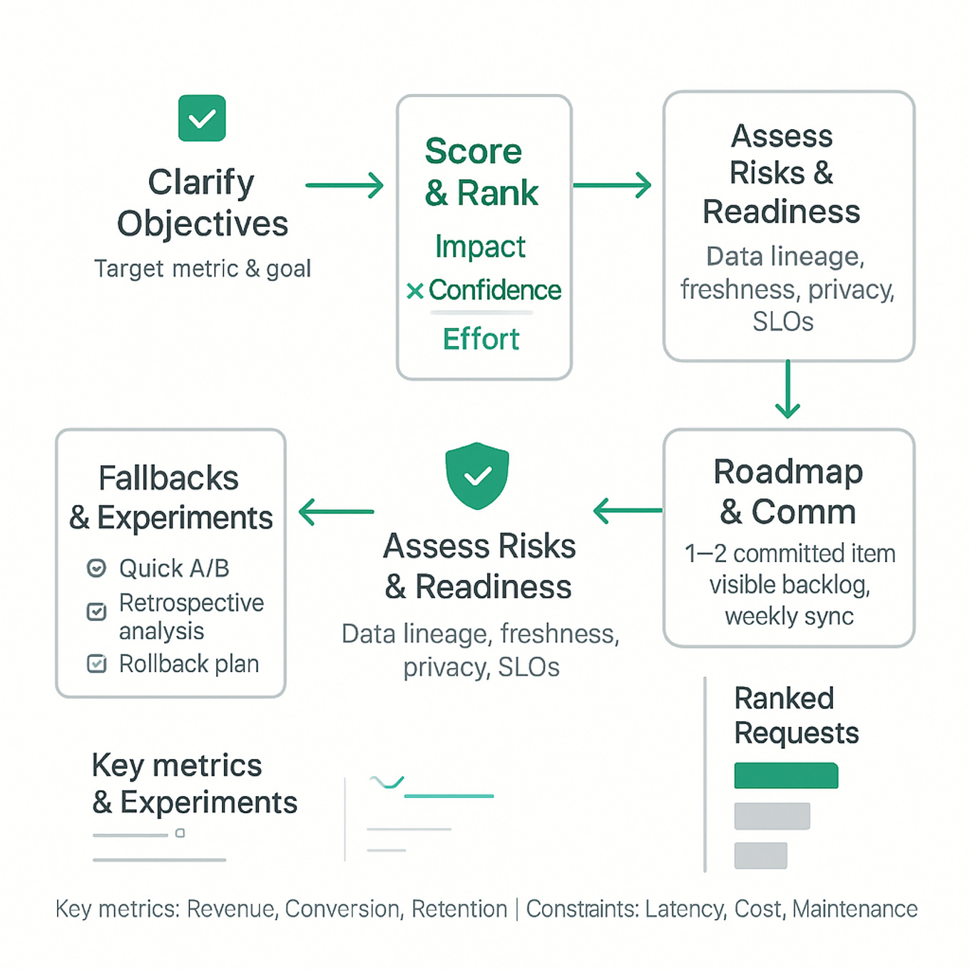Clean flow diagram: Clarify objectives → Gather requests → Score (Impact×Confidence÷Effort) → Assess risks/data readiness → Assign RACI → Roadmap & cadence, with quick-wins and fallback notes.