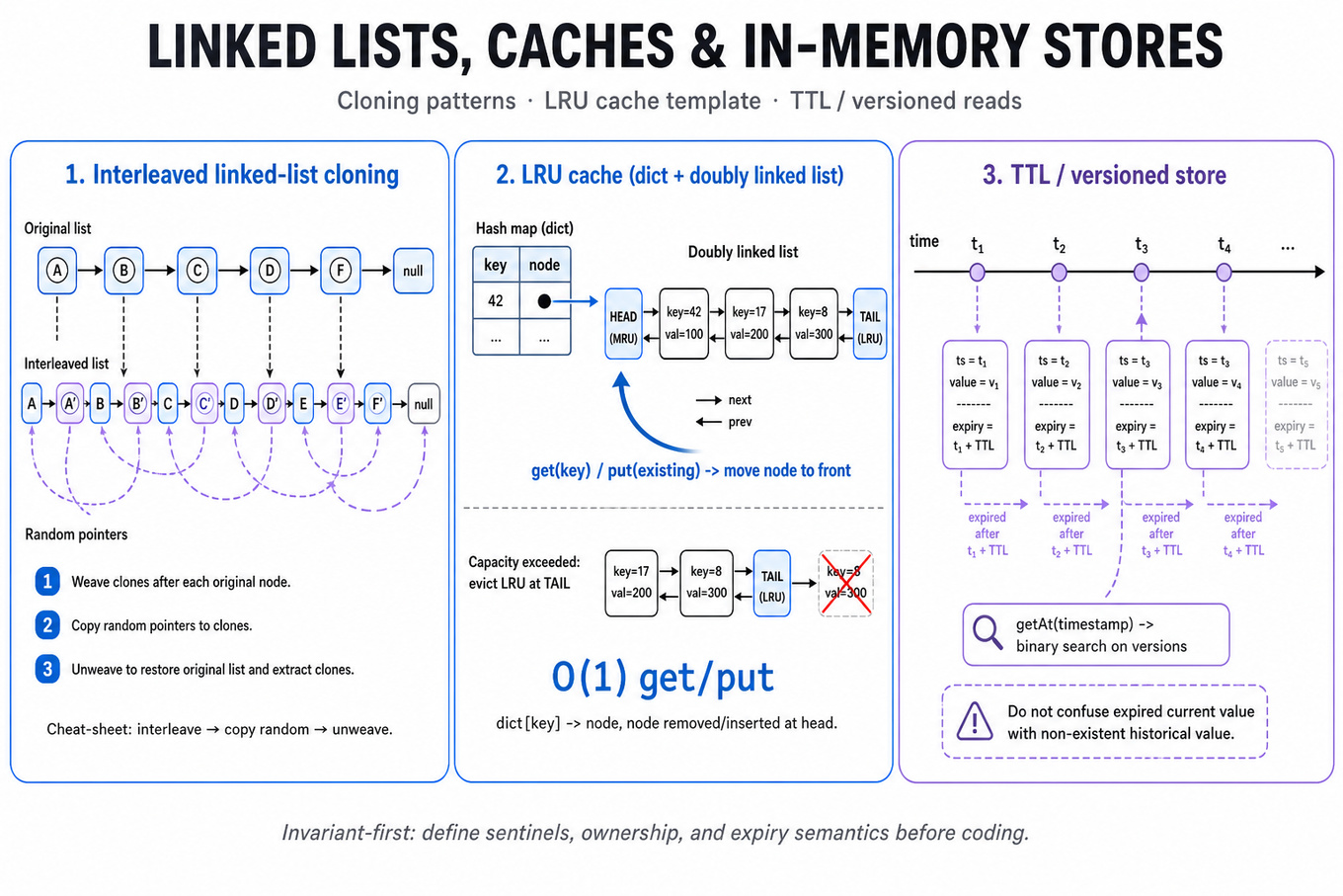 Three horizontally arranged node-diagram cards: interleaved linked-list cloning, LRU cache (hash map + doubly linked list), and a TTL/versioned-store timeline with timestamps and binary-search callout.