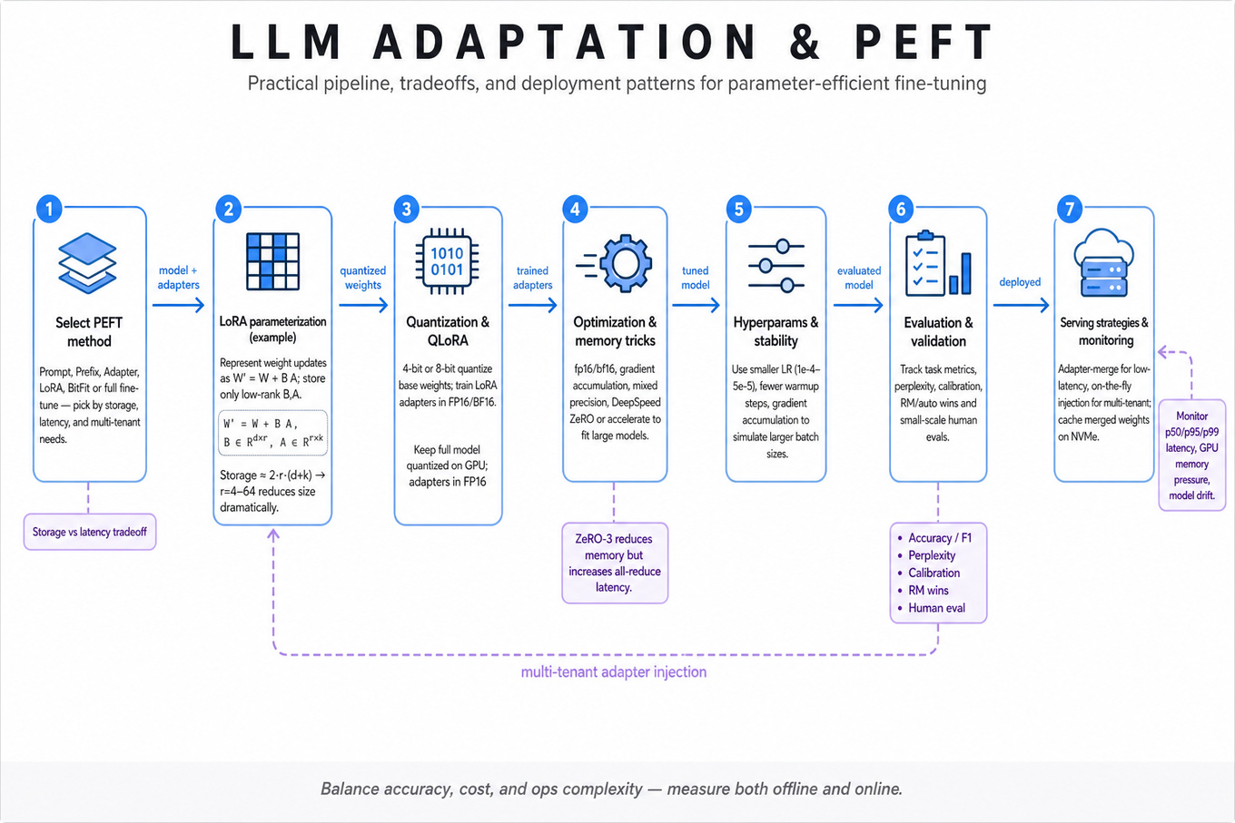 Horizontal editorial infographic showing a left-to-right pipeline for adapting LLMs with PEFT: choose method, LoRA formula, quantization/QLoRA, optimization tricks, evaluation, serving and monitoring.