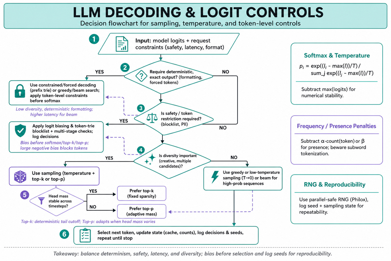 Top-to-bottom decision flowchart guiding choice of decoding (greedy/beam vs sampling), when to use top-k vs top-p, and where to apply logit biases, penalties, constraints, and RNG seeding.