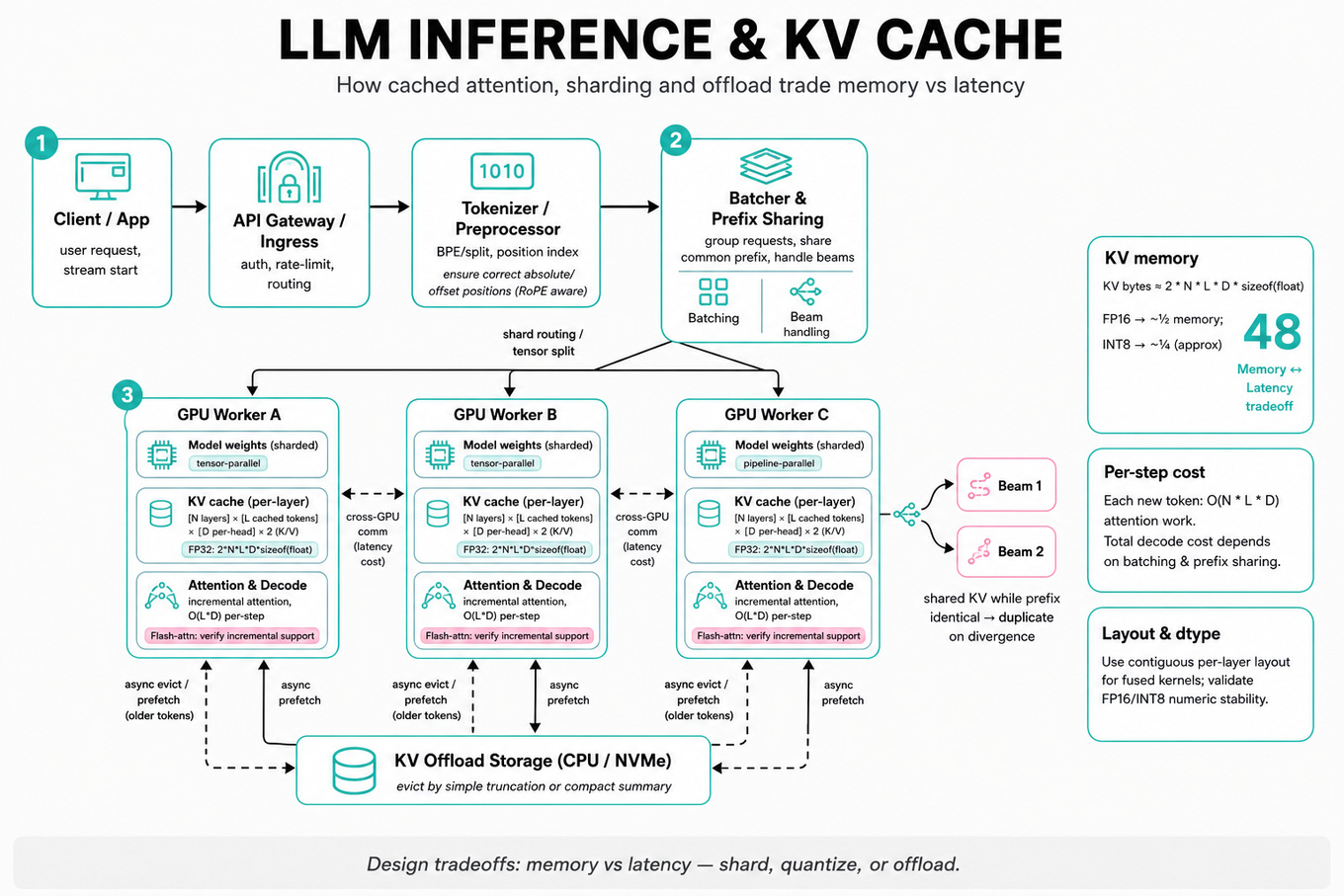 Left-to-right architecture diagram of LLM inference: client → API → tokenizer → batcher → sharded GPU workers with per-layer KV cache, dashed offload to CPU/NVMe, memory & cost callouts.