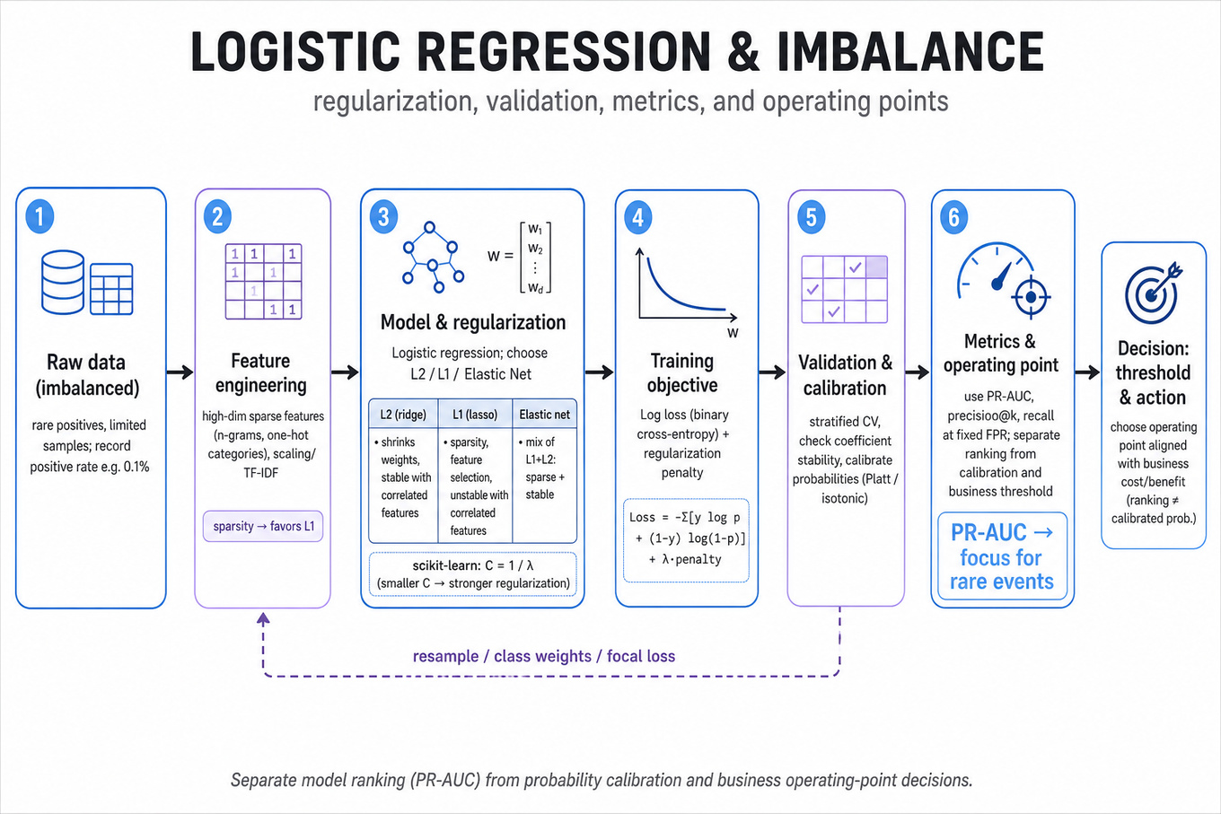 Horizontal pipeline infographic: raw imbalanced data → feature engineering (sparse, high-dim) → model & regularization (L2, L1, elastic net) → training (log loss + lambda / C) → validation & metrics (stratified CV, calibration, PR AUC) → thresholding & business decision.