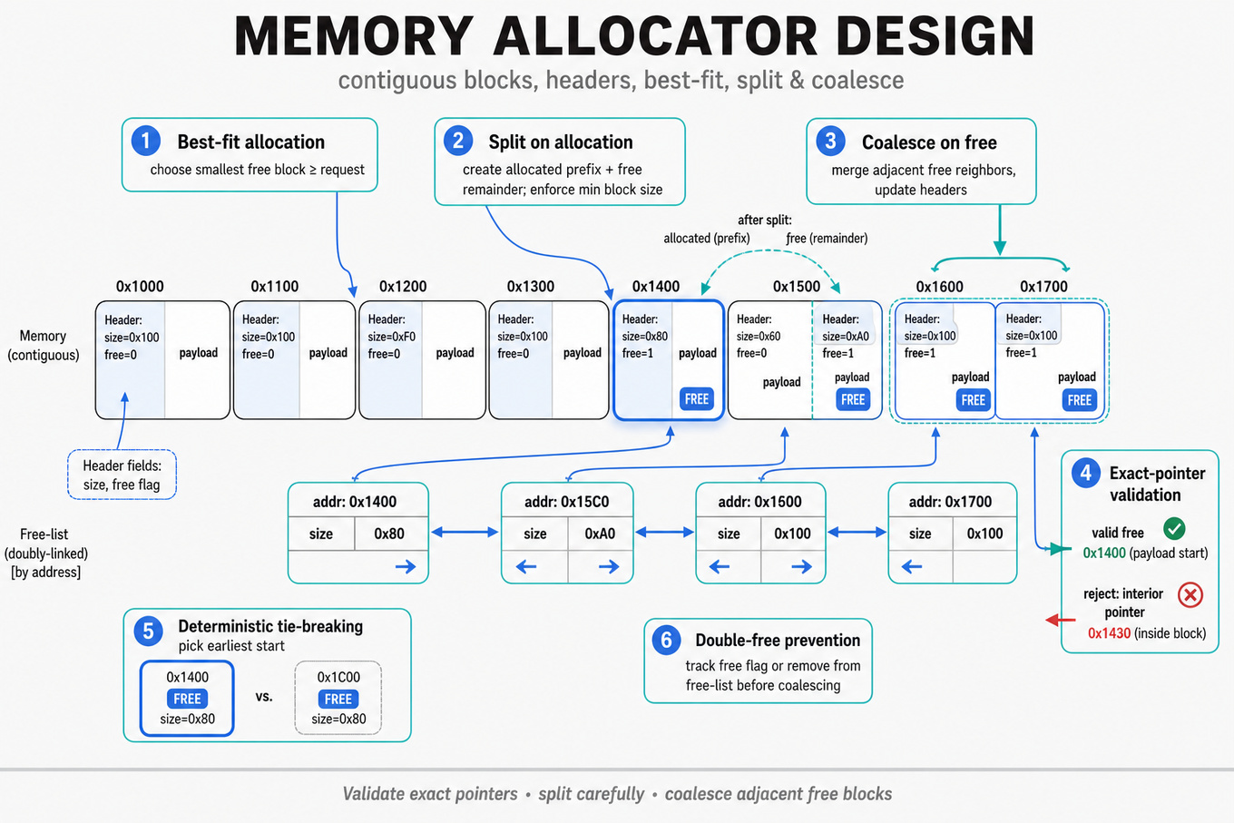 Horizontal contiguous memory layout showing labelled blocks with headers (size, free flag), a doubly-linked free-list below, and callouts for split, coalesce, best-fit selection, pointer validation, and deterministic tie-breaking.