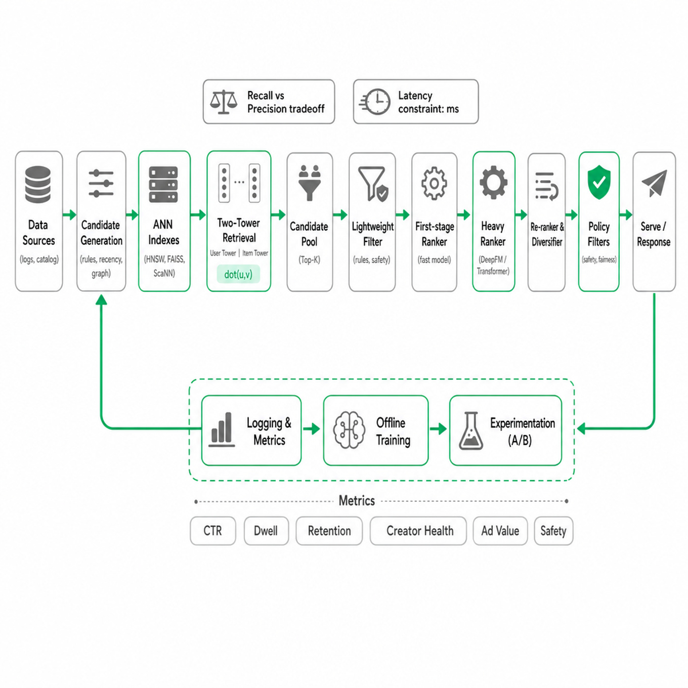Left-to-right ML pipeline: data sources → candidate generation → ANN + two-tower retrieval → candidate pool → lightweight filter → first-stage ranker → heavy ranker → re-ranker → policy filters → serve, with feedback to logging, offline training, and metrics.