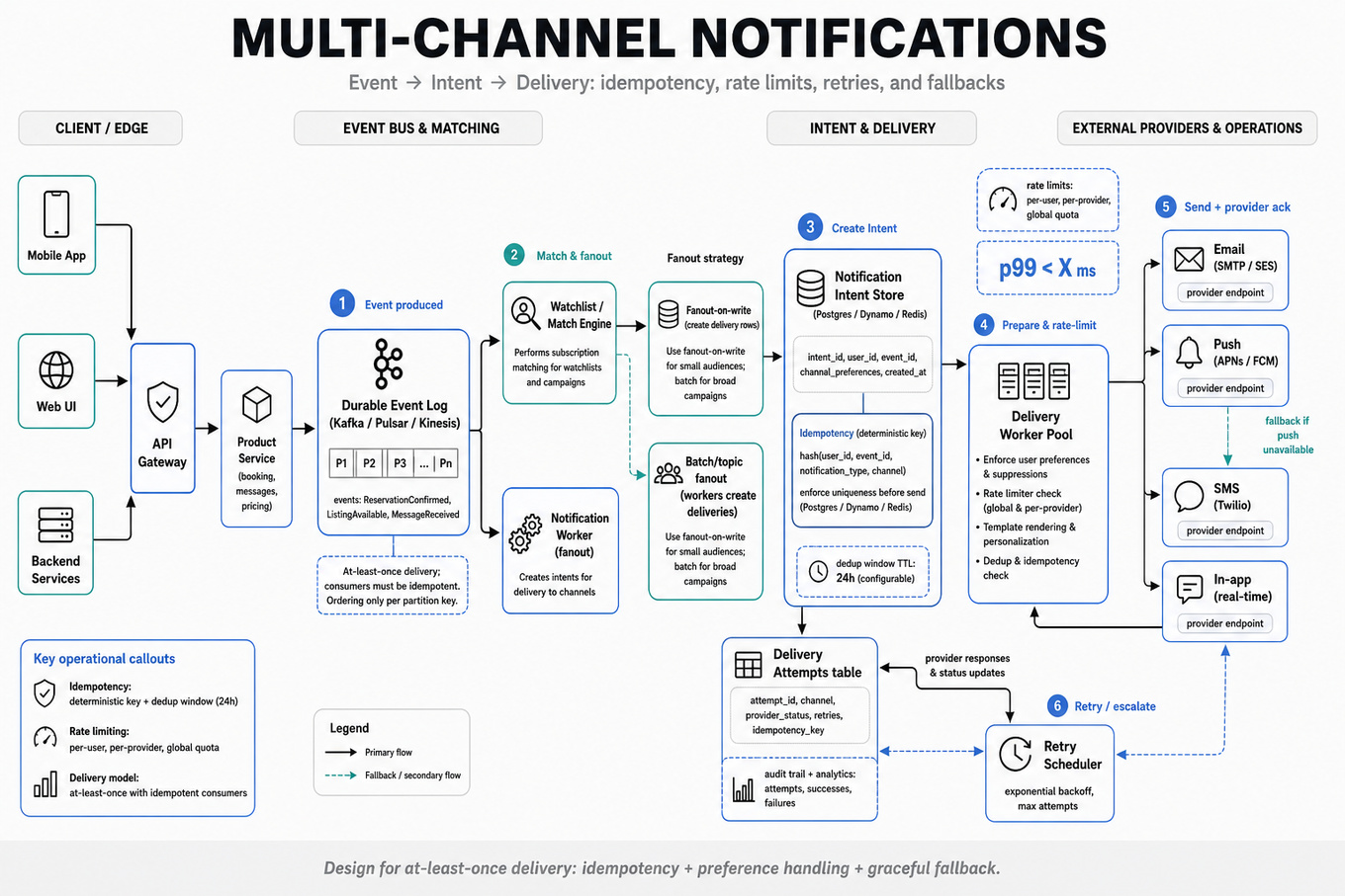 Landscape architecture infographic showing event-driven notification pipeline: product services -> event bus -> watchlist/match -> intent store -> delivery workers -> channel senders (email, push, SMS, in‑app) with idempotency, rate limiting, retries and fallback arrows.