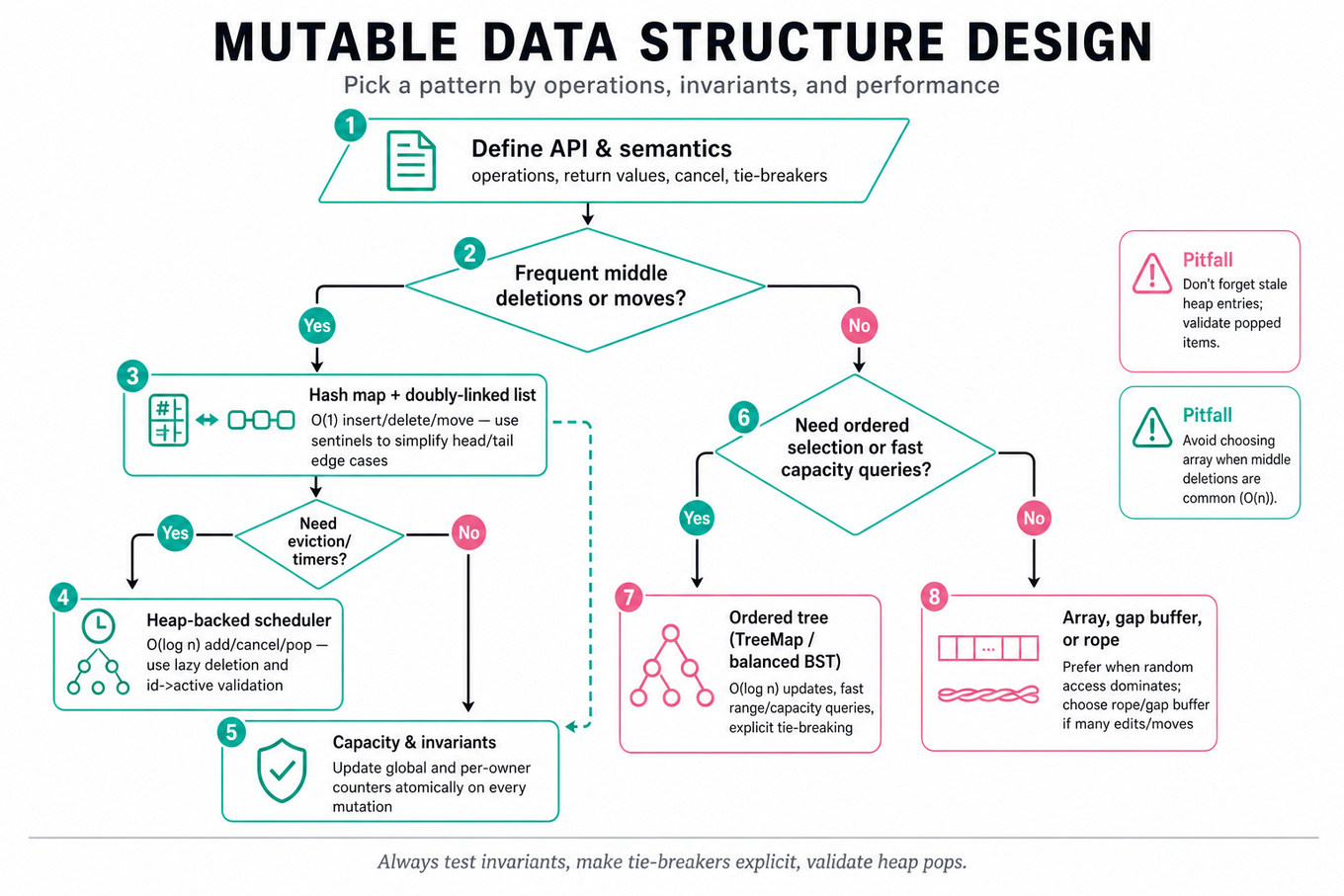 Top-to-bottom decision flowchart for choosing mutable data-structure patterns (hash+DLL, heap scheduler, TreeMap, rope/array) with a header and a muted takeaway footer.