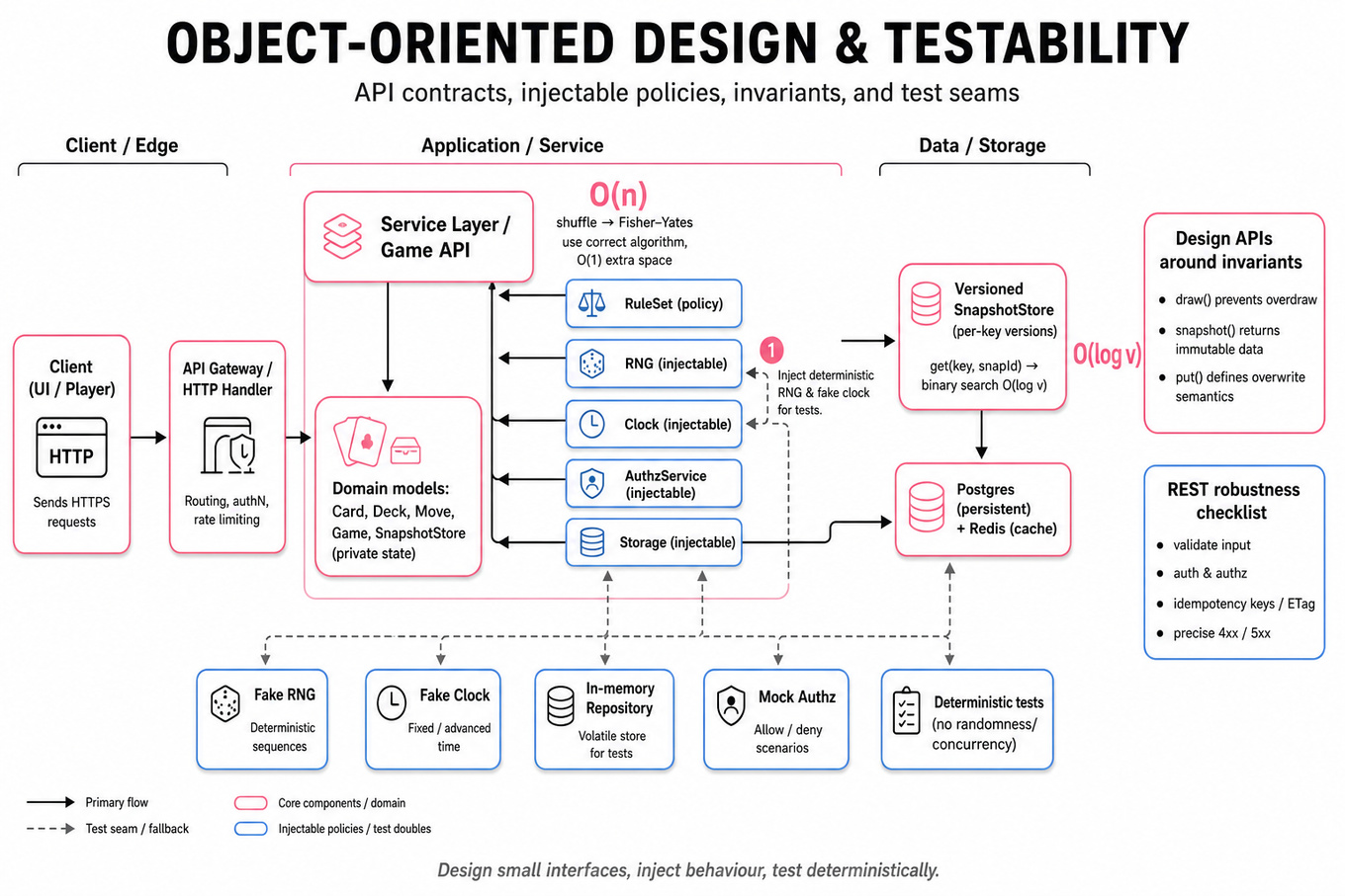 Clean architecture infographic: API layer and service, domain models (Card, Deck, Game, SnapshotStore), injected policies (RuleSet, RNG, Clock, Authz, Storage), versioned snapshot store, DB/cache, and test seams with arrows.