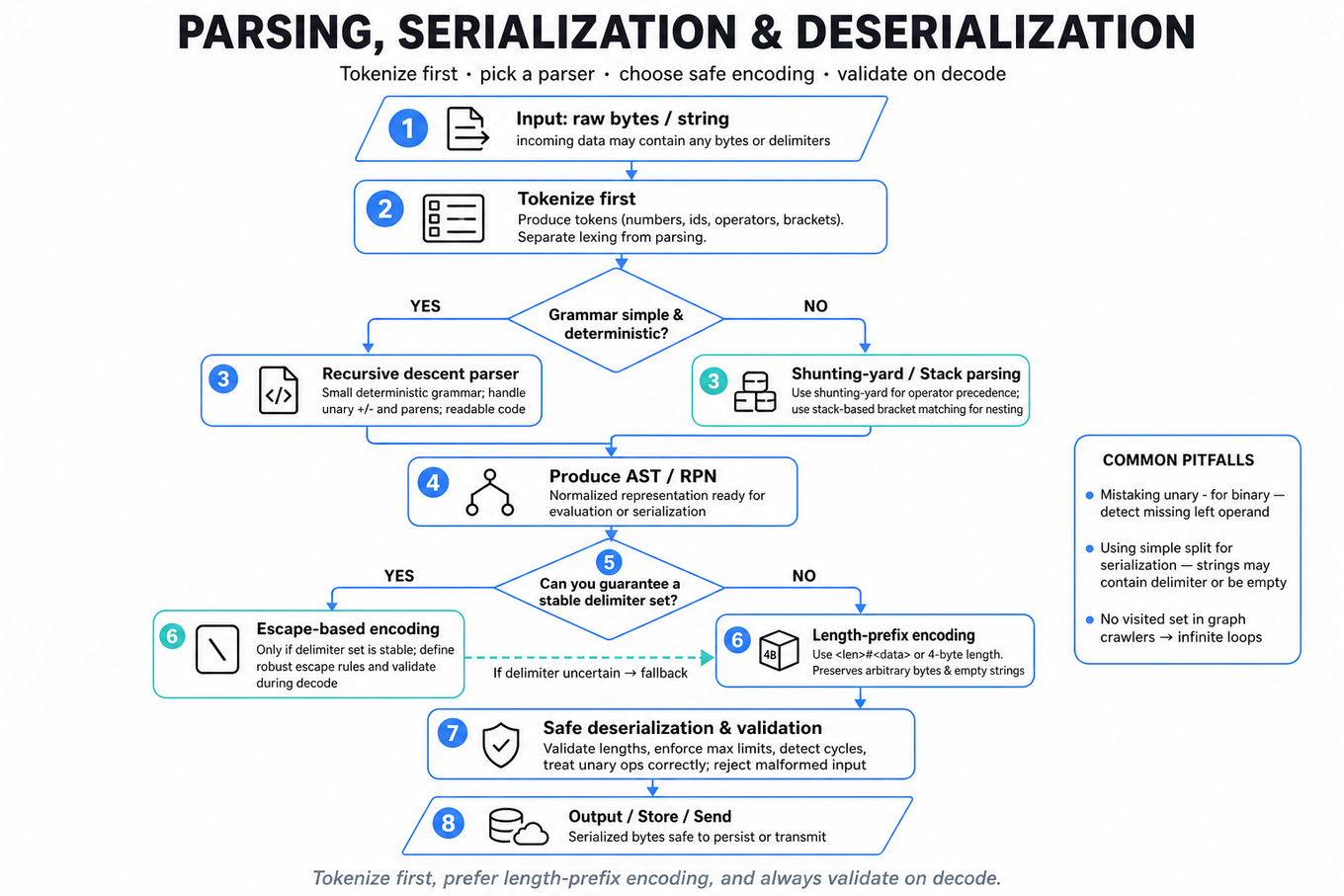 Top-to-bottom flowchart showing tokenization → parser choice (recursive descent or shunting-yard / stack bracket matching) → serialization choice (delimiter-safe? escape vs length-prefix) → safe deserialization and output, with numbered steps and a final takeaway.
