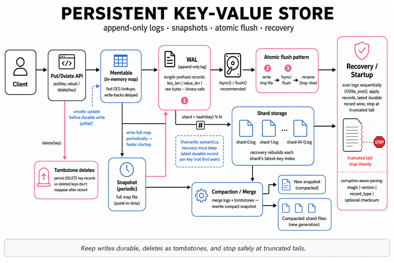 Editorial architecture diagram of a persistent key-value store showing client API, memtable, append-only WAL, snapshot files, shard files, atomic flush, recovery scan, tombstone deletes and corruption-aware parsing.