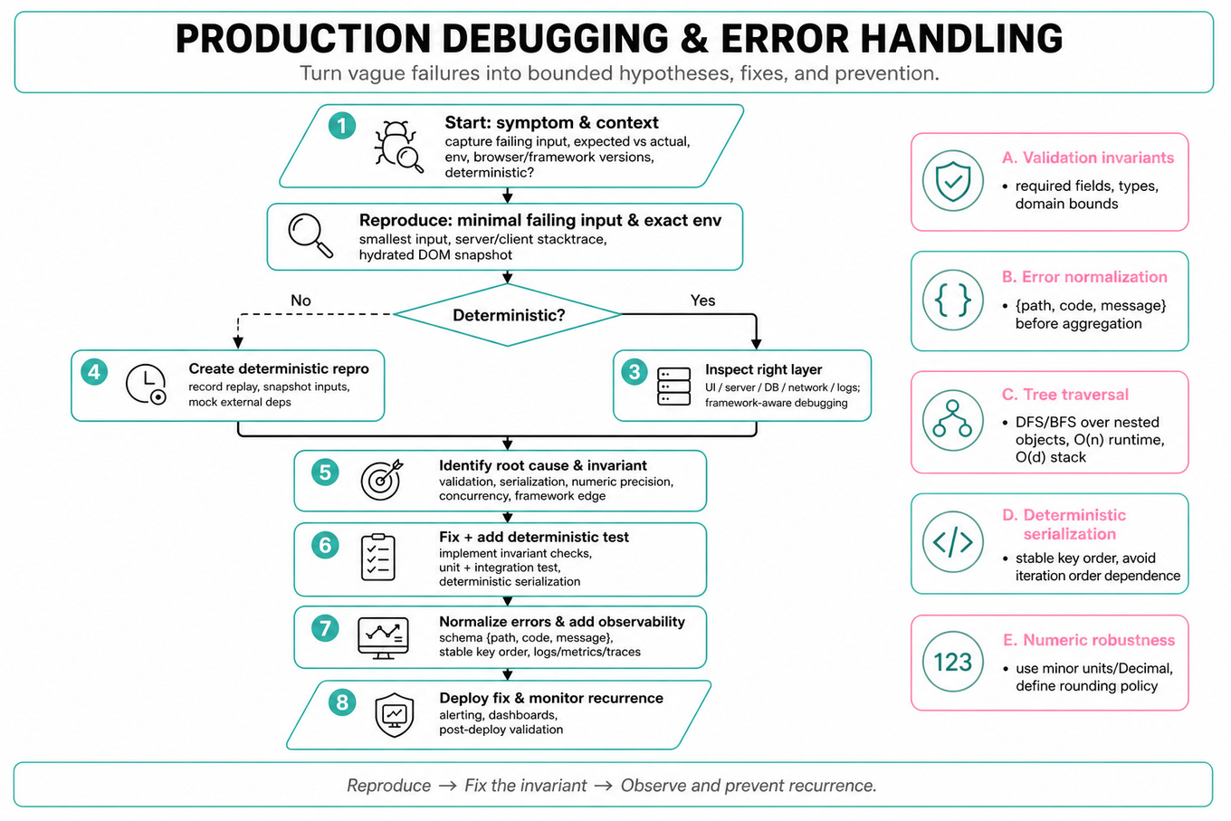 Top-to-bottom flowchart infographic showing steps to reproduce, determine determinism, inspect layers, create deterministic repro, identify root cause, fix/add test, normalize errors, add observability and monitor.