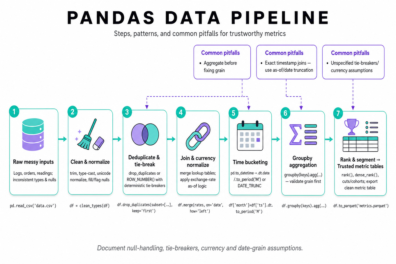 Horizontal infographic of a Pandas data-manipulation pipeline: raw data → cleaning → dedupe → join & currency normalize → time bucketing → groupby aggregation → ranking & segmentation → trusted metric table outputs, with pitfalls callouts.