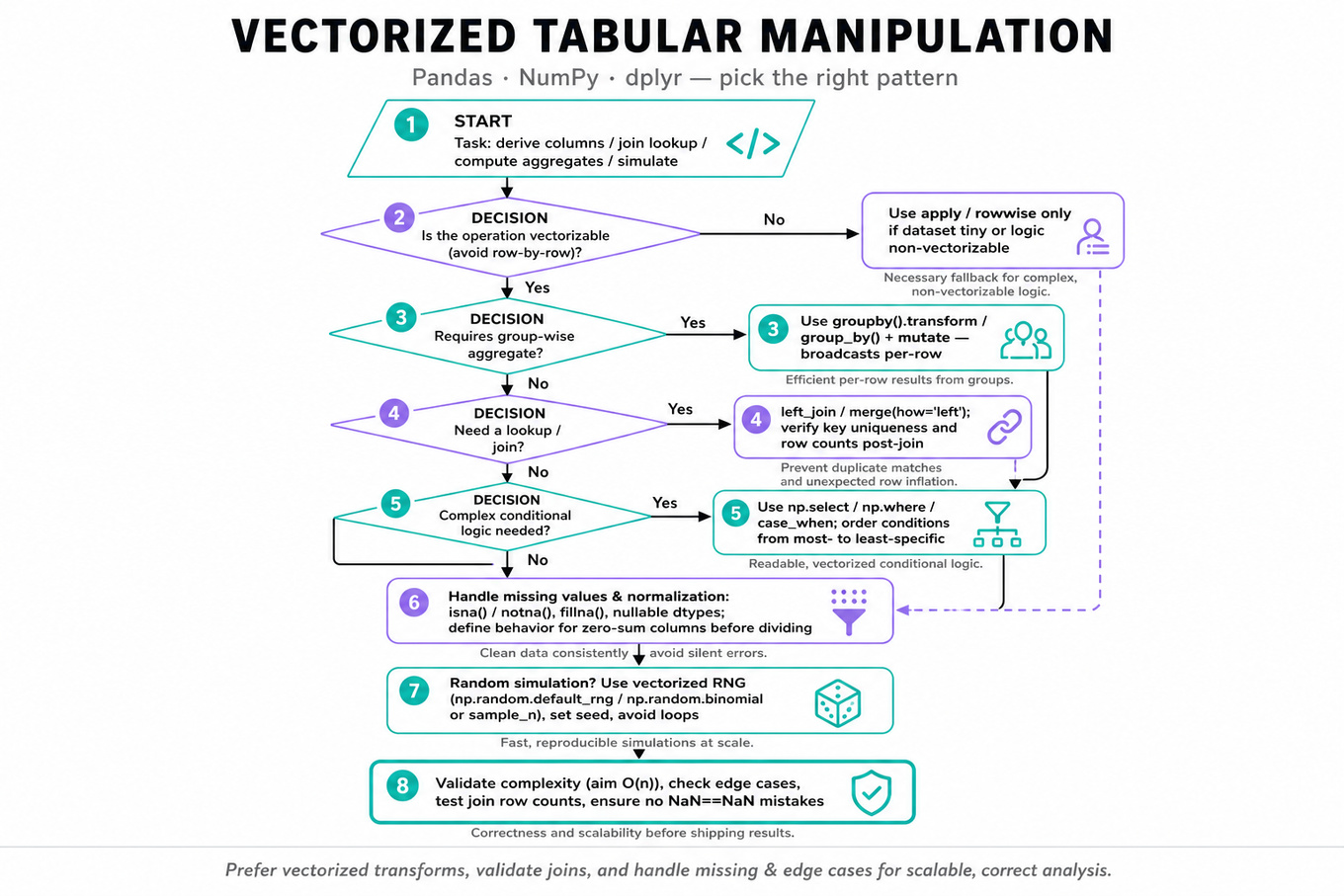 Top-to-bottom decision flowchart for choosing vectorized pandas/NumPy/dplyr patterns: start, is it vectorizable, group-aggregate, join, conditional, simulation, missing/normalization, validate complexity.