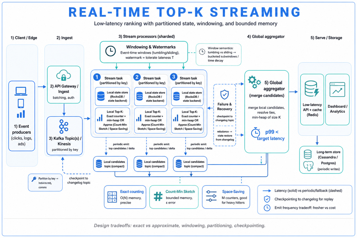 Landscape architecture infographic of a real-time Top-K streaming pipeline: event producers → ingest (Kafka) → partitioned stream processors with local state (RocksDB) running exact or approximate Top-K (Count‑Min, Space‑Saving) → local candidates topic → global aggregator → serving (Redis cache + A