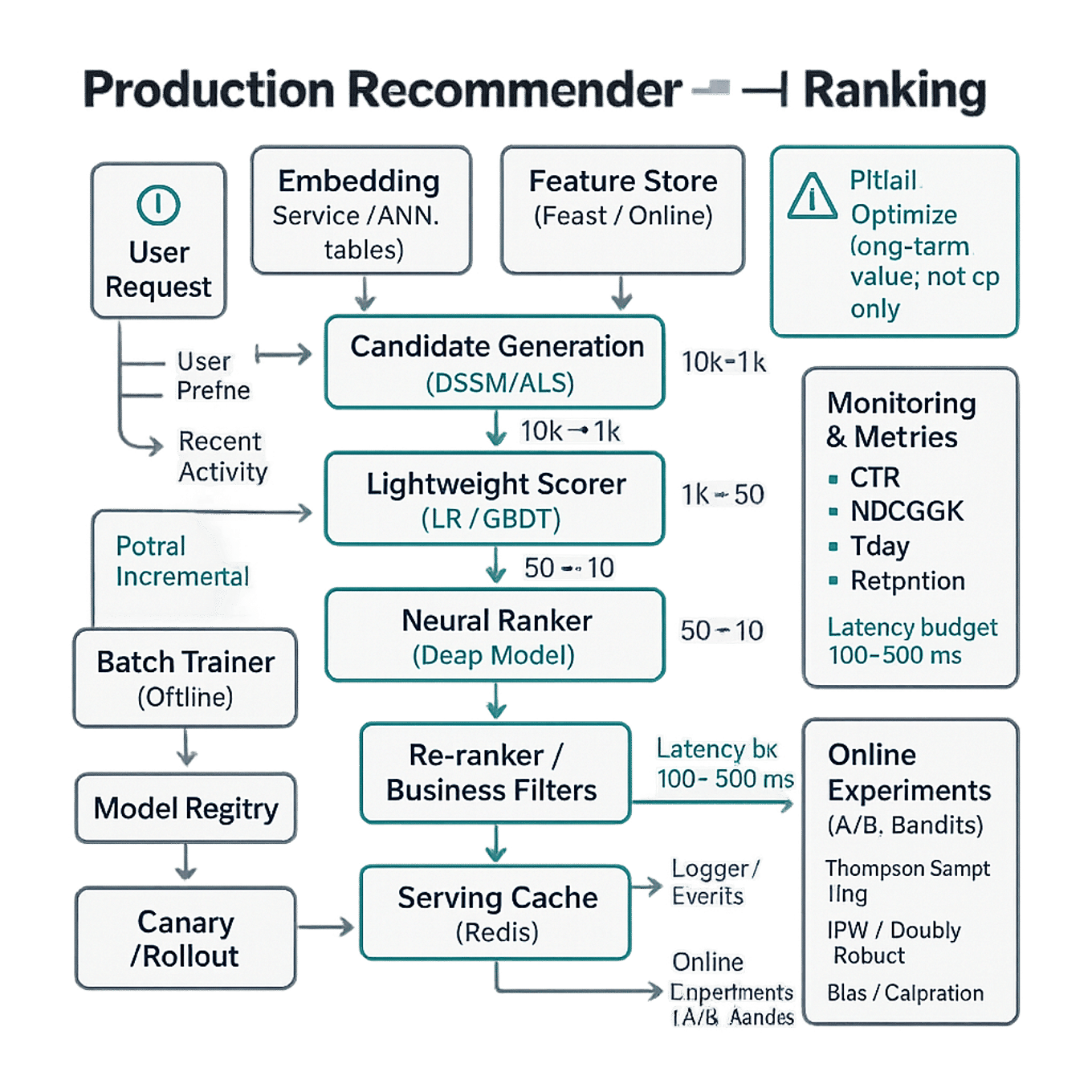 Square diagram of a recommender ranking pipeline: user -> candidate generation -> lightweight scorer -> neural ranker -> re-ranker -> cache/serving, with feature store, embedding service, training loop, A/B engine, and metrics (CTR, NDCG, retention).