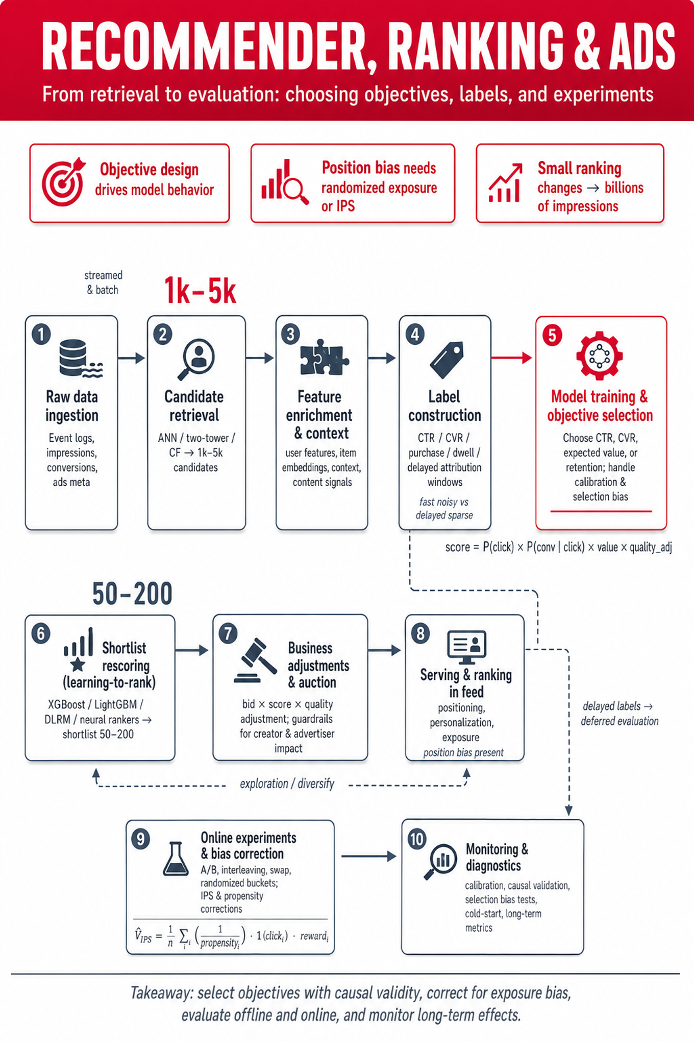 Portrait infographic: horizontal ML pipeline from raw data to serving and diagnostics for recommender, ranking, and ads systems, highlighting objective choice and evaluation.