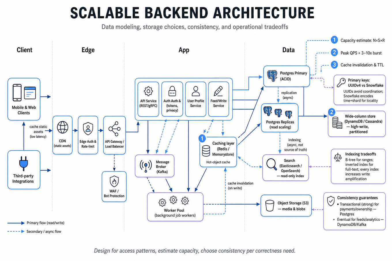 Clean architecture infographic showing client → edge → app → data layers: API gateway, LB, microservices, Kafka, Redis cache, Postgres primary+replicas, DynamoDB/Cassandra, Elasticsearch, S3; arrows for read/write and consistency notes.