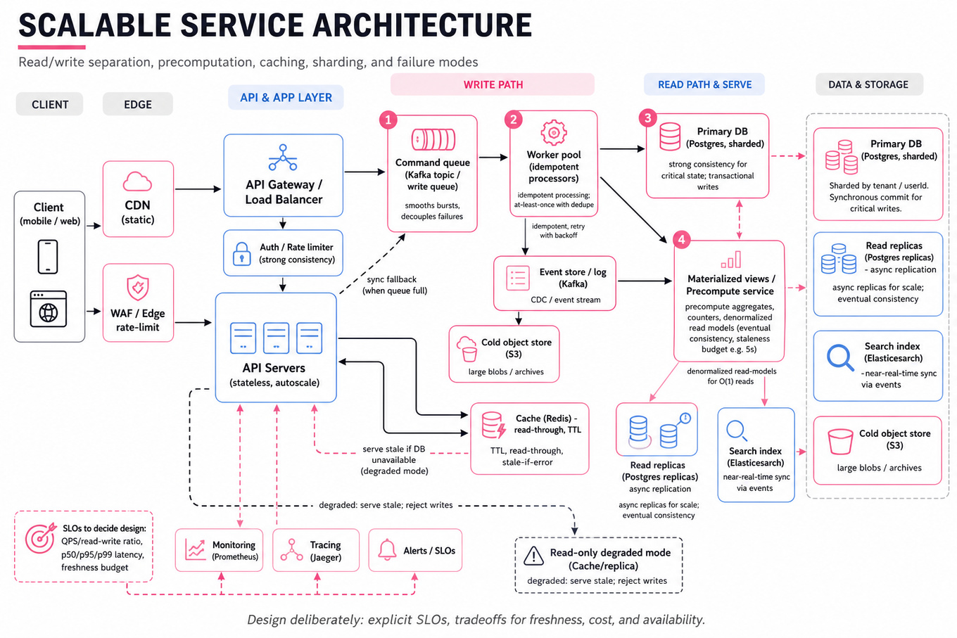 Clean architecture infographic: client/edge -> API gateway -> separated write path (queue, workers, primary DB, event store) and read path (cache, read replicas, search, precomputed views) with monitoring.