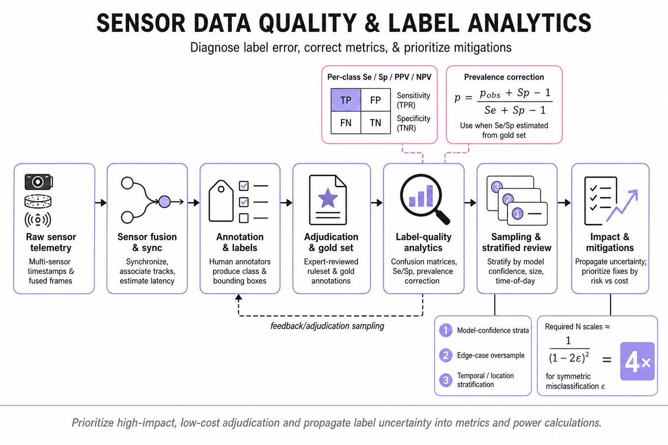 Horizontal infographic pipeline showing stages from raw sensor telemetry to annotation, adjudication, label-quality analytics, sampling strategies, experiment impact, and mitigations, with callout cards for confusion matrix and prevalence-correction formula.