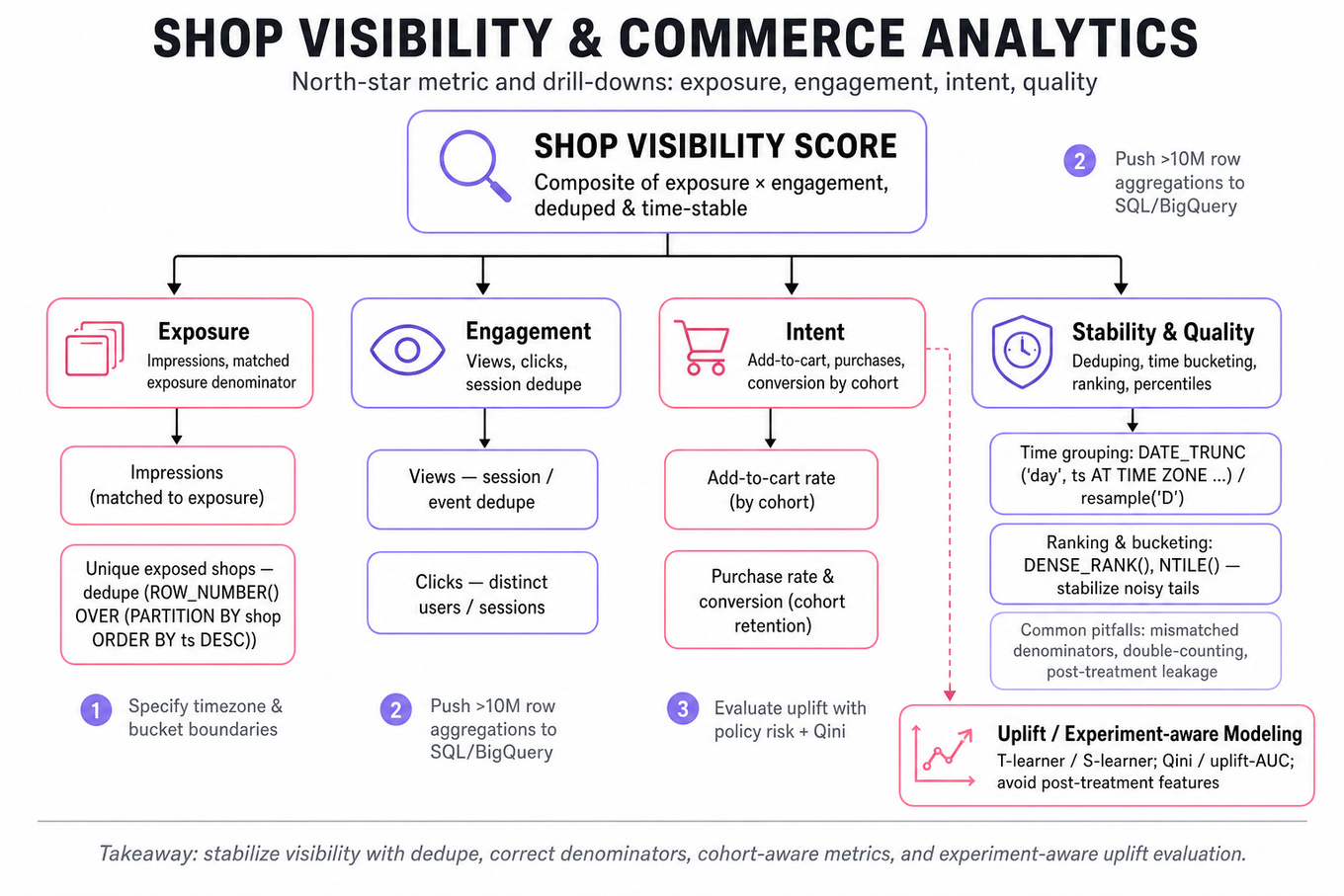 Hierarchical infographic: 'Shop Visibility Score' at top branching to Exposure, Engagement, Intent, and Stability & Quality with submetrics (impressions, views, add-to-cart, dedupe, cohorts, uplift modeling).