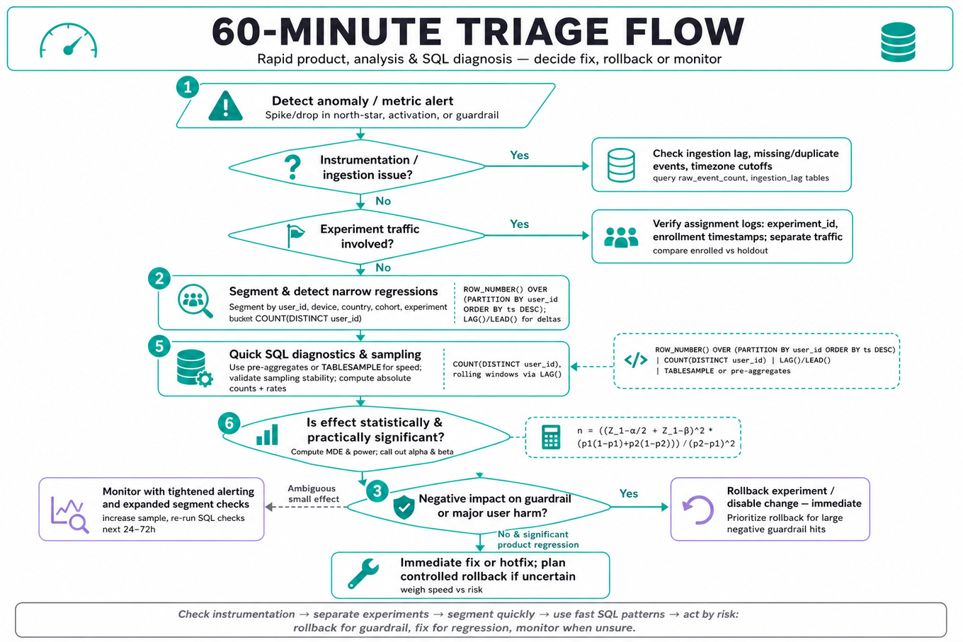 Top-to-bottom flowchart for a 60-minute product + SQL triage: detect anomaly → instrumentation check → experiment check → segmentation & SQL diagnostics → impact decision → rollback / fix / monitor.