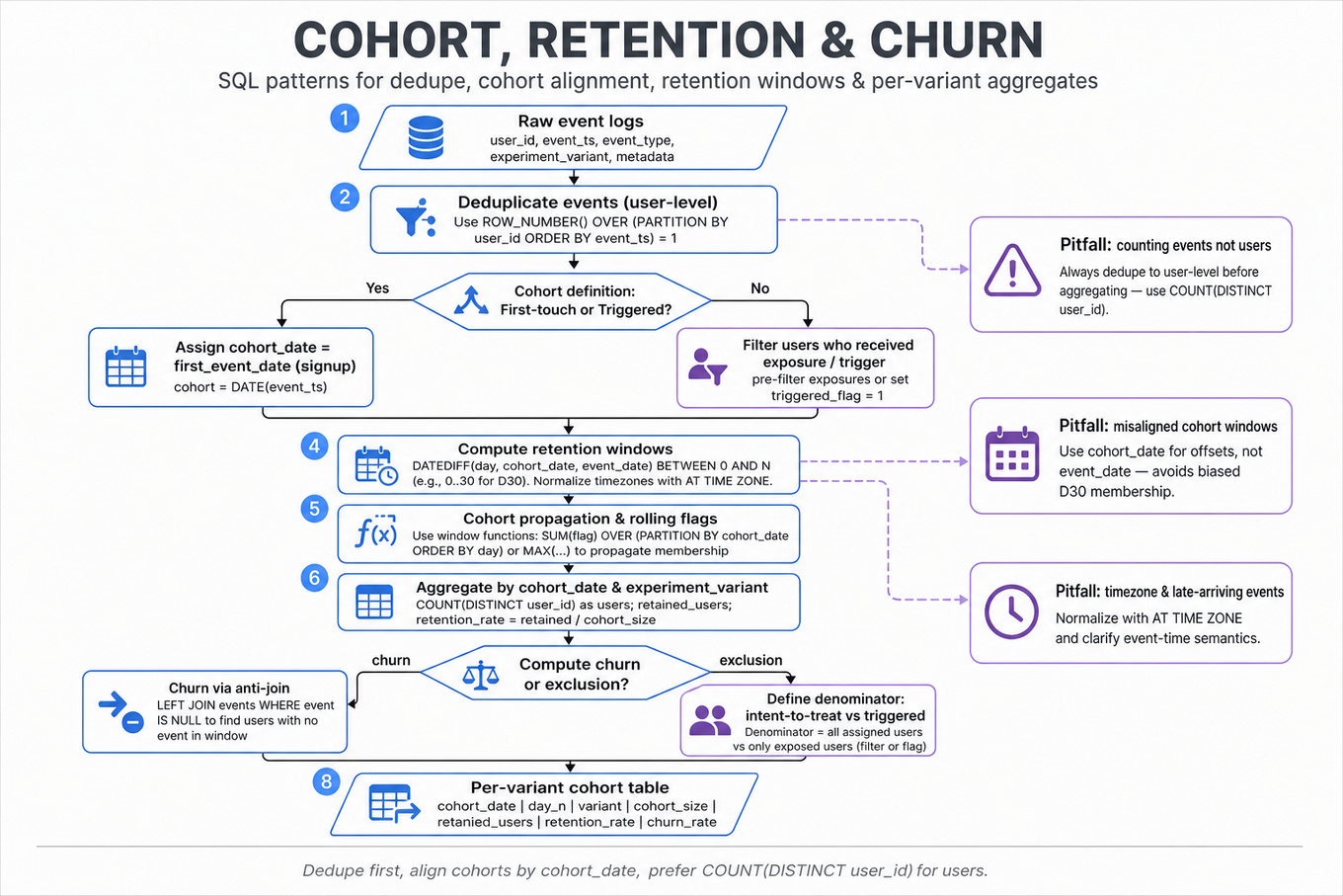 Top-to-bottom flowchart infographic showing steps for SQL cohort, retention, and churn analysis: raw event logs → dedupe → cohort assignment (decision: first-touch vs triggered) → retention window calc → window functions & aggregation → churn via anti-join → per-variant retention table. Side callout