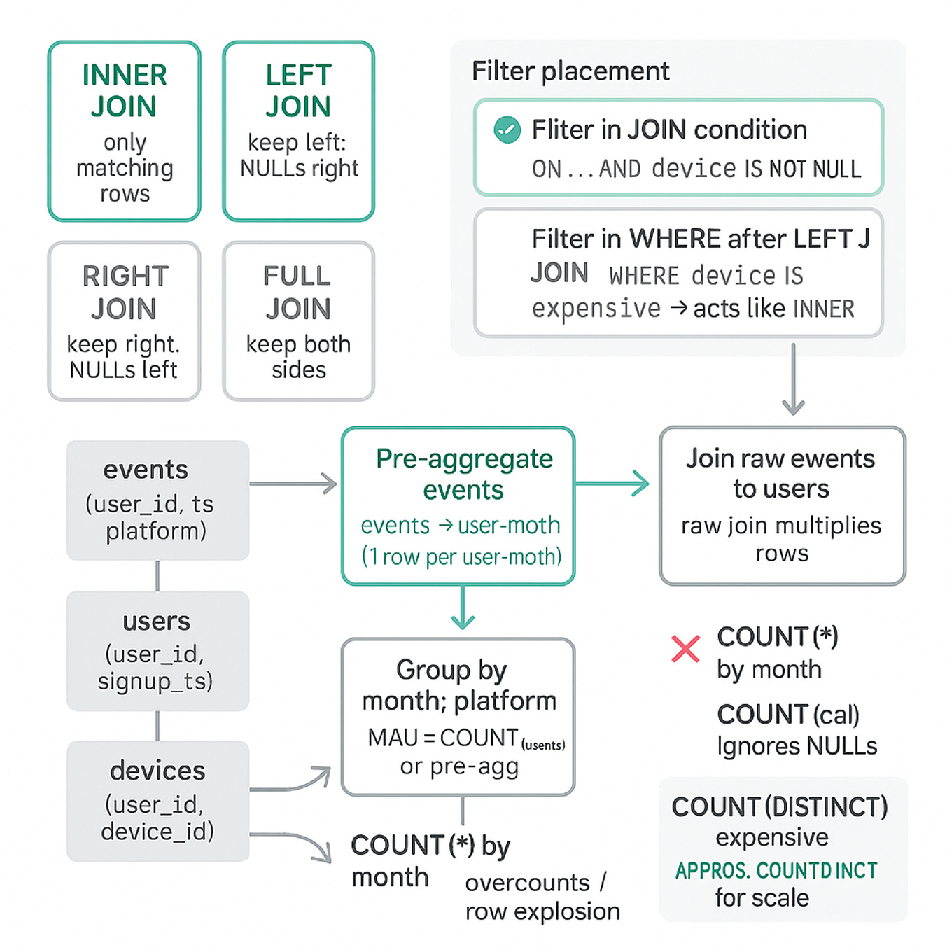 Flowchart showing SQL join types, a correct pre-aggregate -> join pipeline for MAU, and a common pitfall of joining raw tables causing overcount and lost rows from misplaced WHERE filters.