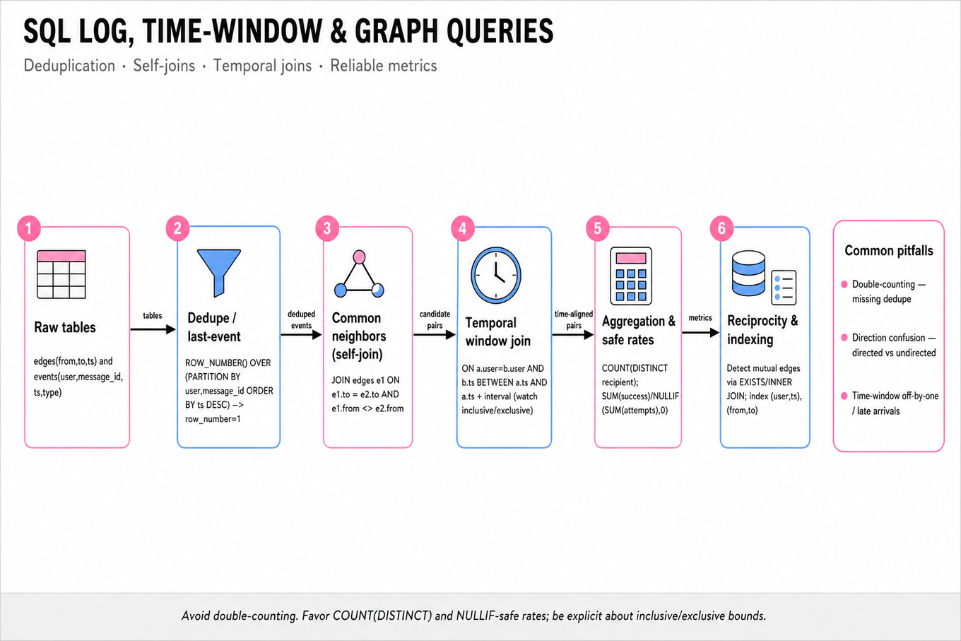 Horizontal pipeline infographic showing stages for SQL log processing: raw tables, dedupe (ROW_NUMBER), self-join (common neighbors), temporal window join, aggregation with safe division, reciprocity and indexing; common pitfalls callout.