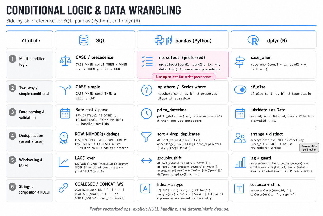 Three-column infographic comparing SQL, pandas, and dplyr templates for multi-condition logic, two-way logic, date parsing, deduplication, window (LAG) MoM, and string-id composition.