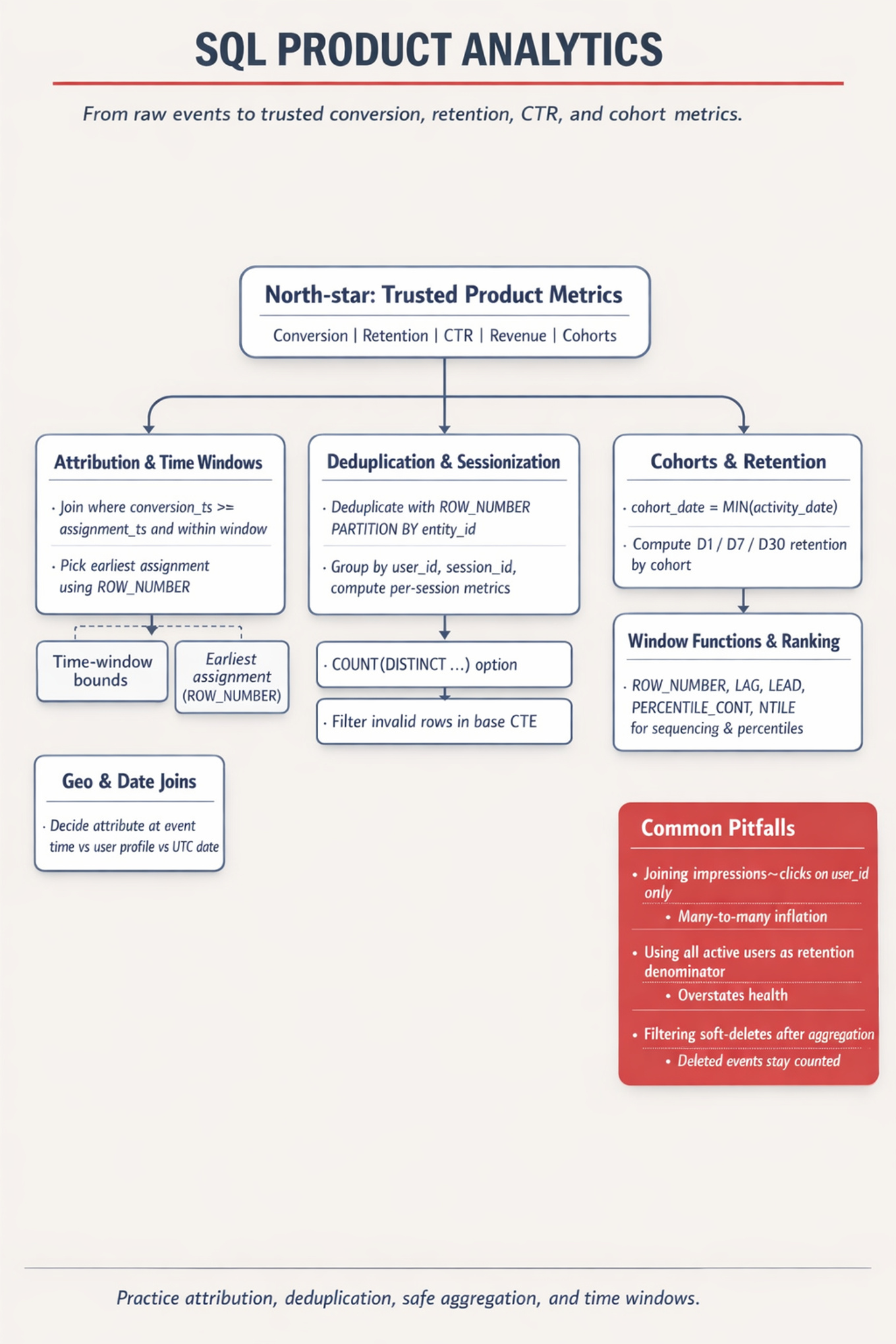 Hierarchical metric tree for SQL product analytics showing a north-star metric (trusted product metrics) with branches for attribution, deduplication, sessions, cohorts, null-safe formulas, window functions, geo/date joins, and common pitfalls.