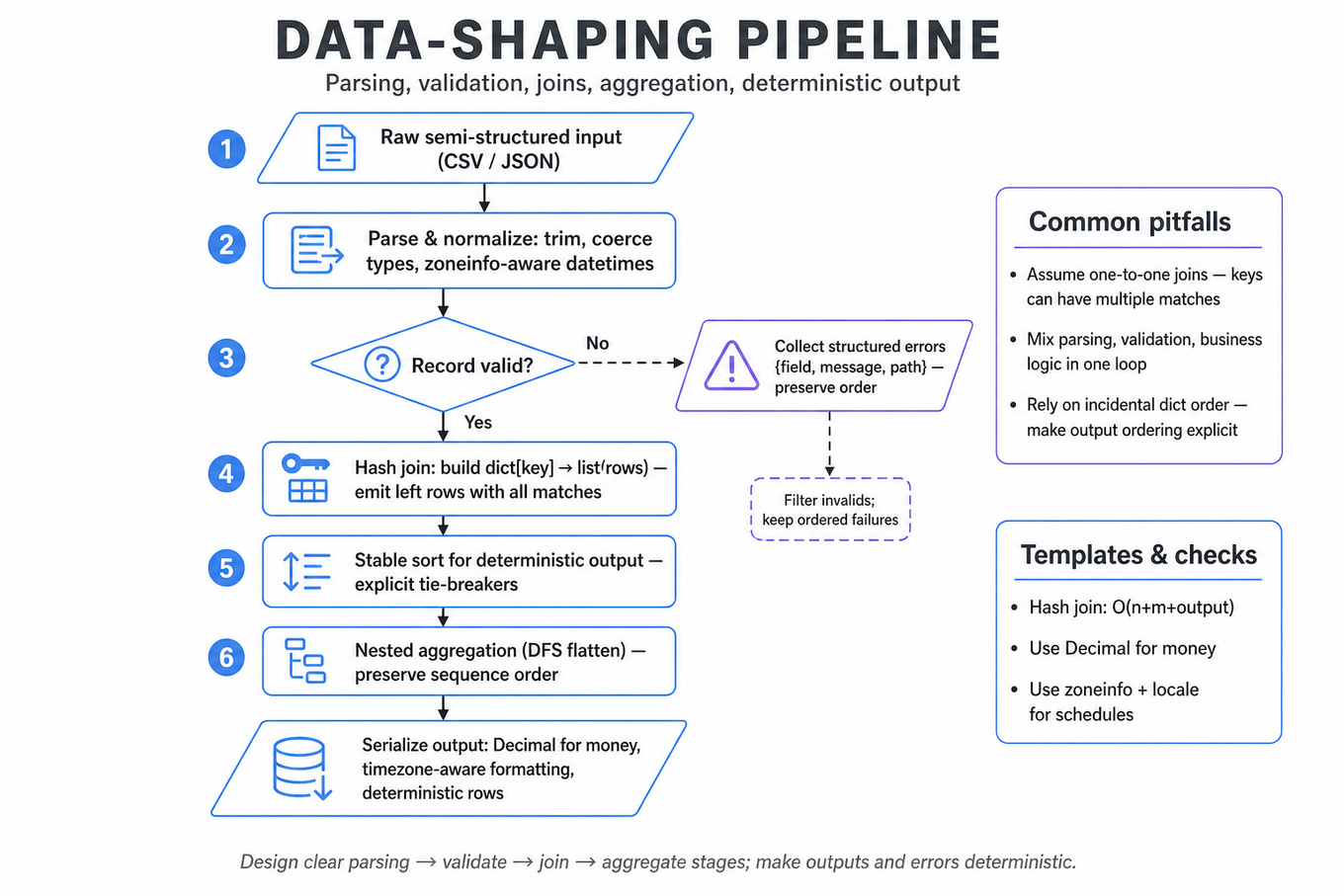 Top-to-bottom flowchart showing a data-shaping pipeline: Raw input → Parse & normalize → Valid? (diamond) Yes → Hash join → Stable sort → Nested aggregation → Serialize output; No → Collect structured errors. Side card lists common pitfalls.