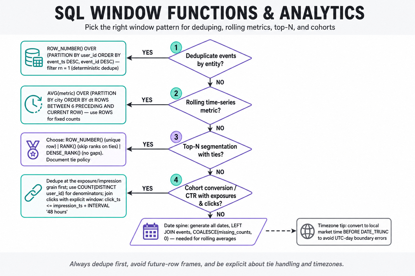 Top-to-bottom decision flowchart for choosing SQL windowing patterns: dedupe with ROW_NUMBER, rolling metrics with OVER ... ROWS, top-N ranking choices, cohort/CTR dedupe and join windows; date spine and timezone notes in footer.