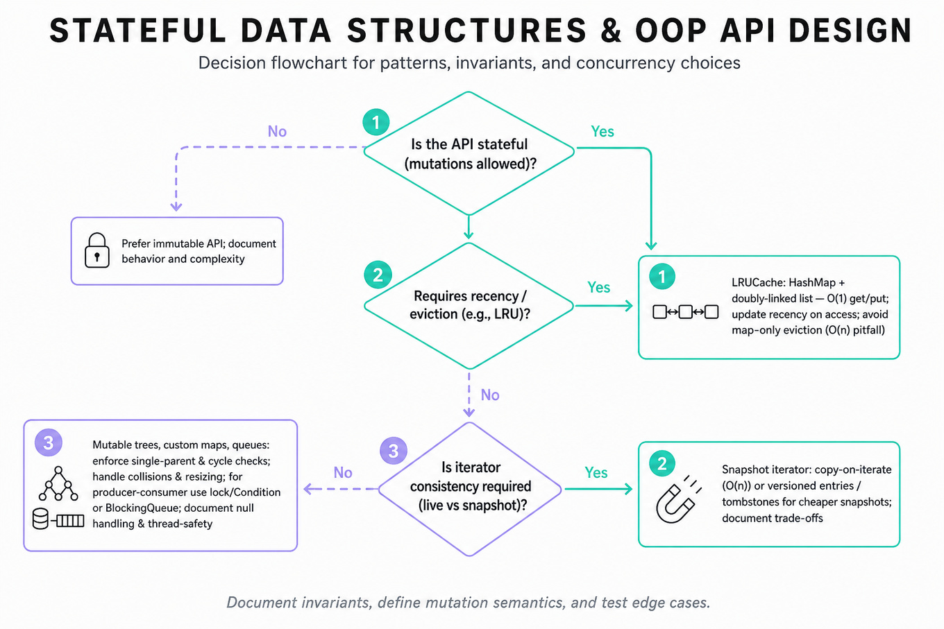 Top-to-bottom decision flowchart guiding choices for stateful data structure and OOP API design: immutable vs stateful, LRU vs snapshot iterator, and design checklist for trees, maps, and queues.