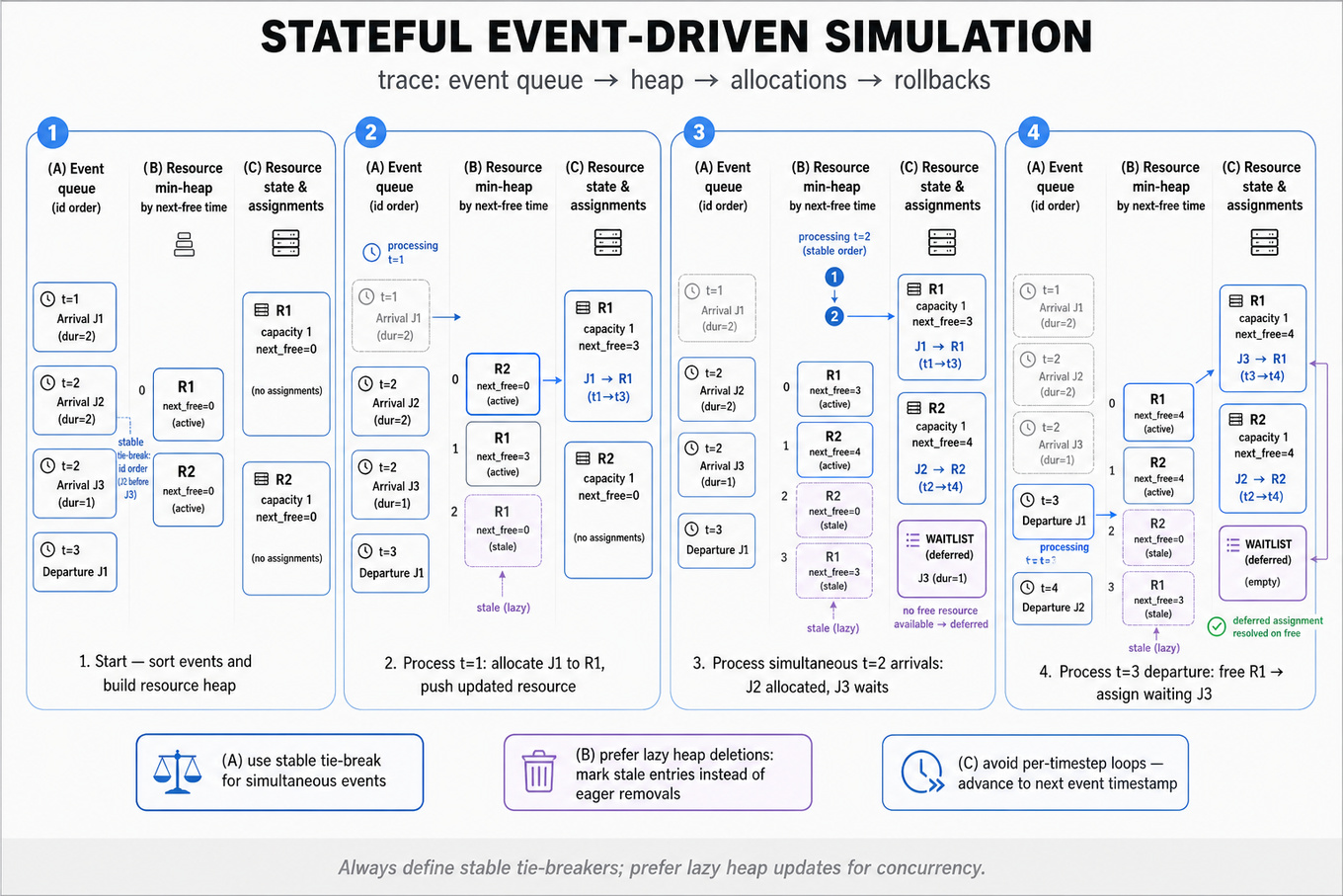 4-step horizontal infographic tracing an event-driven simulator: sorted event queue, resource min-heap, resource cards and allocations, showing tie-breaks, waitlist, and a departure-triggered allocation.