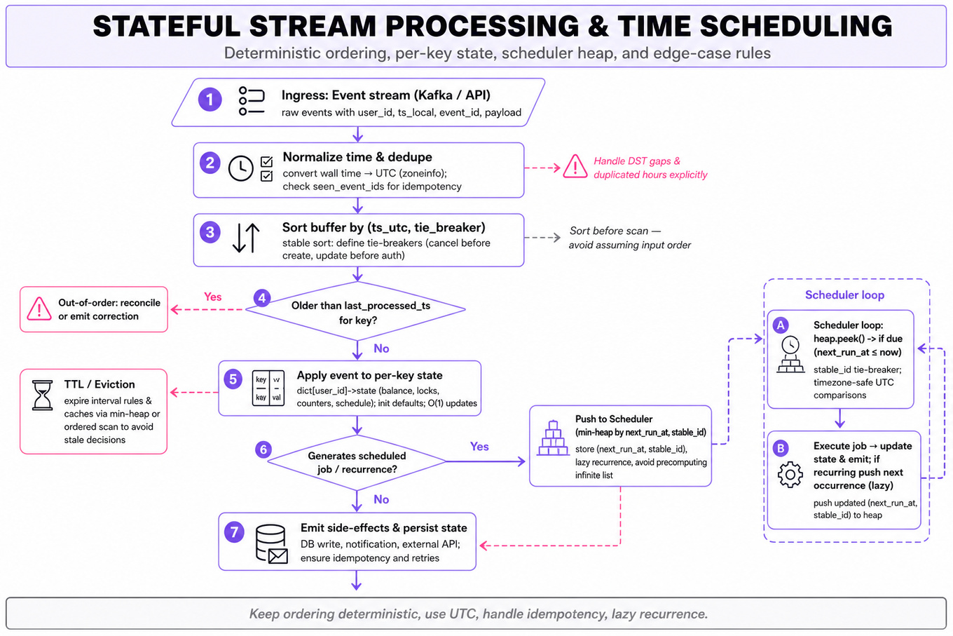 Top-to-bottom flowchart infographic: ingest events, timezone-normalize & dedupe, sort by (ts,tie_breaker), per-key state update, scheduler heap for due jobs and TTL eviction, decisions for out-of-order and recurring jobs, outputs.