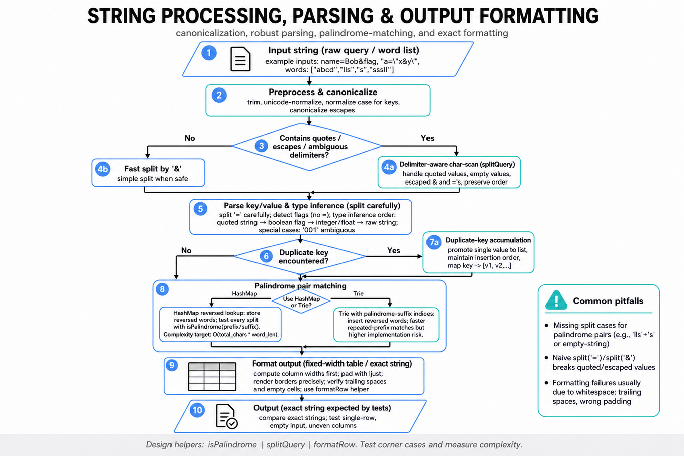 Top-to-bottom flowchart of a string-processing pipeline: input → preprocess → delimiter-aware split or fast split → type inference & duplicate-key handling → palindrome matching (HashMap vs Trie) → fixed-width formatting → exact output, with a side pitfalls callout.