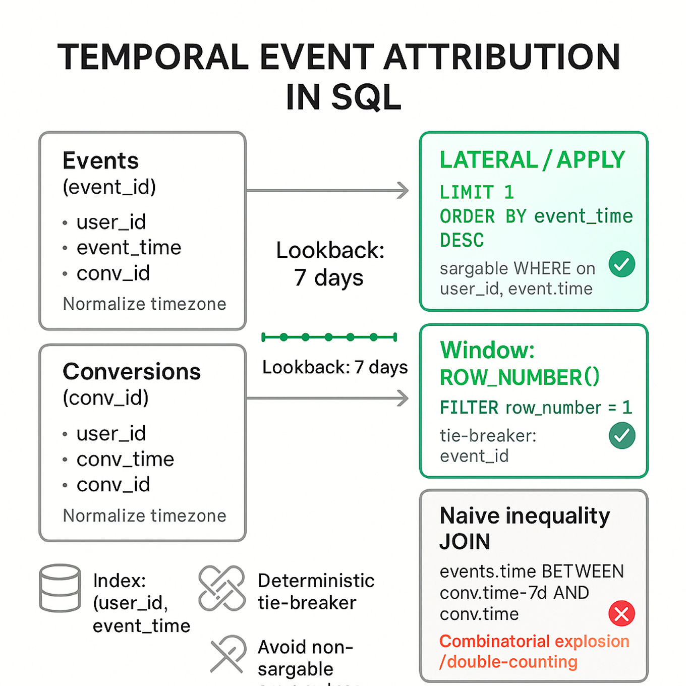 Flowchart showing conversion rows matched to event rows: two correct approaches (LATERAL LIMIT 1, ROW_NUMBER() filter) highlighted in emerald, and a naive inequality join marked wrong; includes 7-day lookback timeline, index and timezone normalization badges.