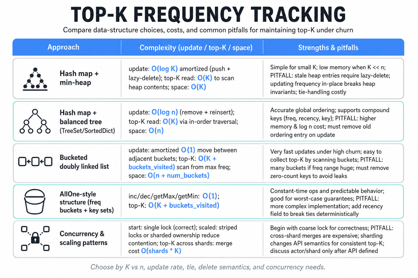 Three-column editorial infographic comparing top-K frequency tracking approaches: min-heap+hash, balanced tree, bucketed linked list, AllOne, and concurrency patterns with complexities, strengths, and pitfalls.