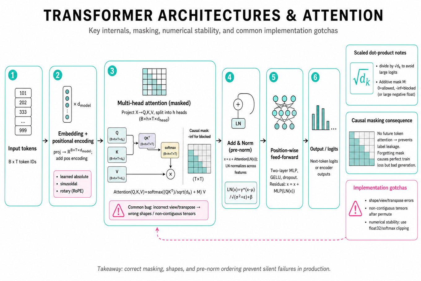 Landscape infographic: left-to-right transformer pipeline showing tokens → embeddings + pos enc → multi-head attention (Q,K,V, mask) → add & norm (pre-norm) → feed-forward → output; callouts for scaled dot-product, causal mask, layer norm, and positional encoding types.