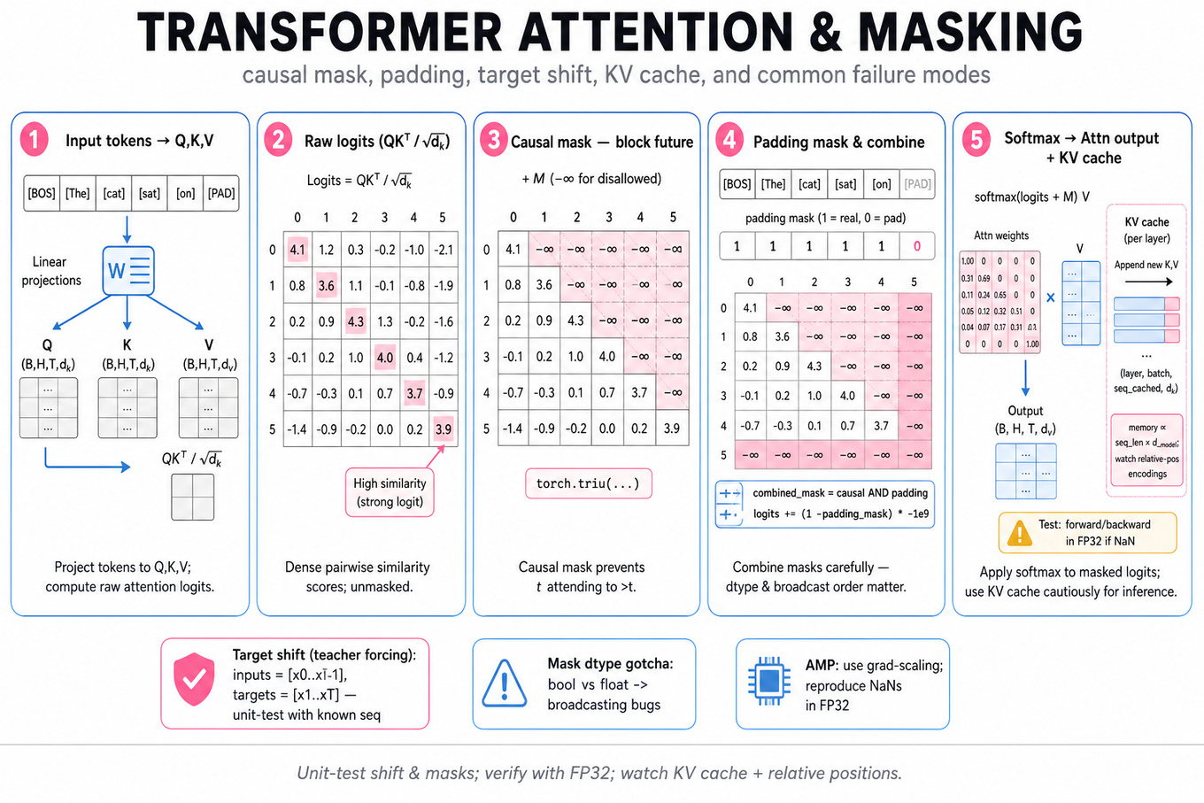 Horizontal 5-frame infographic showing transformer attention flow: tokens → QK^T logits → causal mask triangle → padding mask combined → softmax output and KV-cache inset, with title and footer.