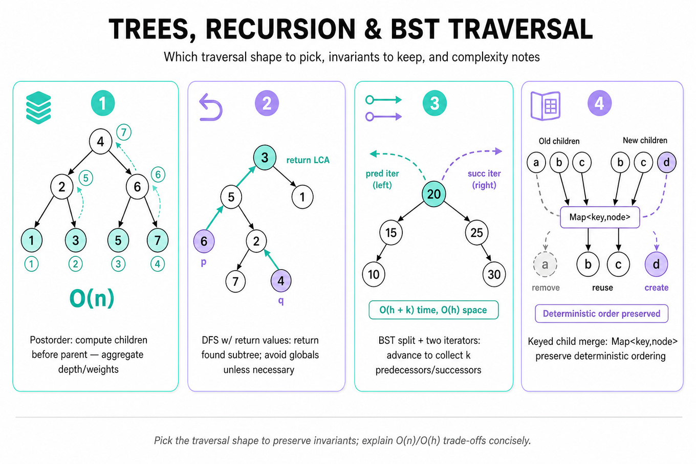 Horizontal 4-frame infographic showing tree algorithm traces: postorder aggregation, DFS-with-return for LCA, BST predecessor/successor iterators, and keyed-child reconciliation merge.