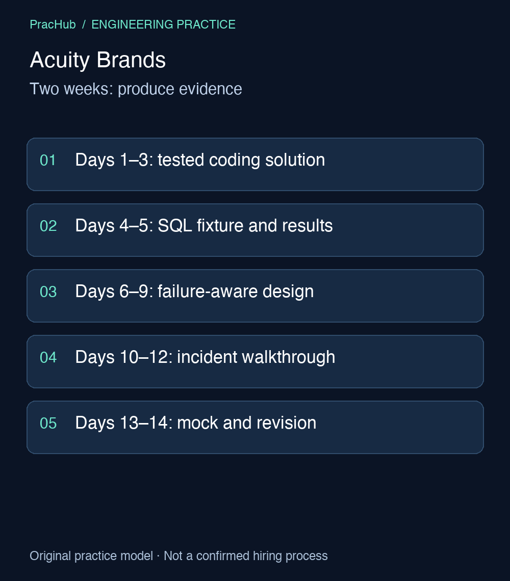 Acuity Brands: Two weeks: produce evidence. Days 1–3: tested coding solution; Days 4–5: SQL fixture and results; Days 6–9: failure-aware design; Days 10–12: incident walkthrough; Days 13–14: mock and revision.