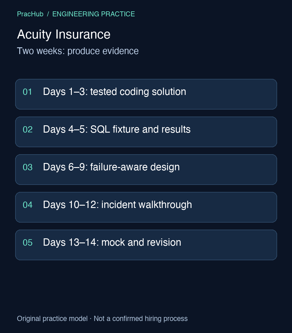 Acuity Insurance: Two weeks: produce evidence. Days 1–3: tested coding solution; Days 4–5: SQL fixture and results; Days 6–9: failure-aware design; Days 10–12: incident walkthrough; Days 13–14: mock and revision.