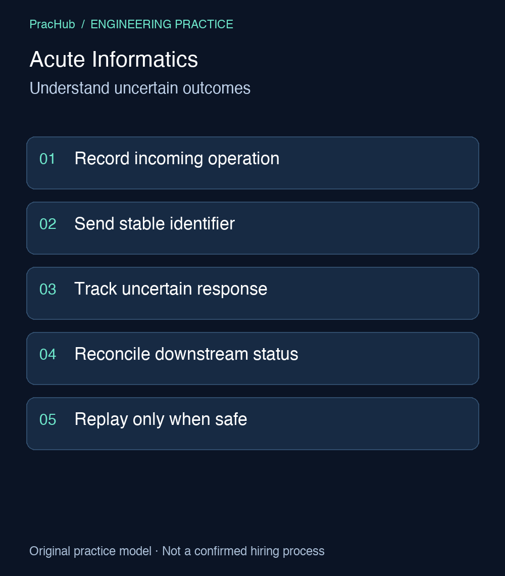 Acute Informatics: Understand uncertain outcomes. Record incoming operation; Send stable identifier; Track uncertain response; Reconcile downstream status; Replay only when safe.