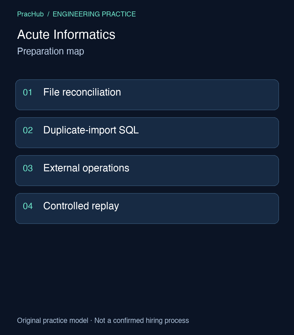 Acute Informatics: Preparation map. File reconciliation; Duplicate-import SQL; External operations; Controlled replay.