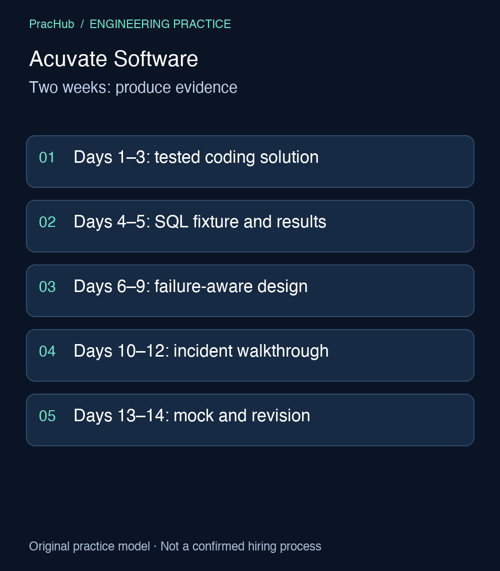 Acuvate Software: Two weeks: produce evidence. Days 1–3: tested coding solution; Days 4–5: SQL fixture and results; Days 6–9: failure-aware design; Days 10–12: incident walkthrough; Days 13–14: mock and revision.