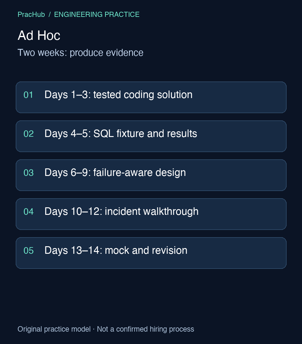 Ad Hoc: Two weeks: produce evidence. Days 1–3: tested coding solution; Days 4–5: SQL fixture and results; Days 6–9: failure-aware design; Days 10–12: incident walkthrough; Days 13–14: mock and revision.
